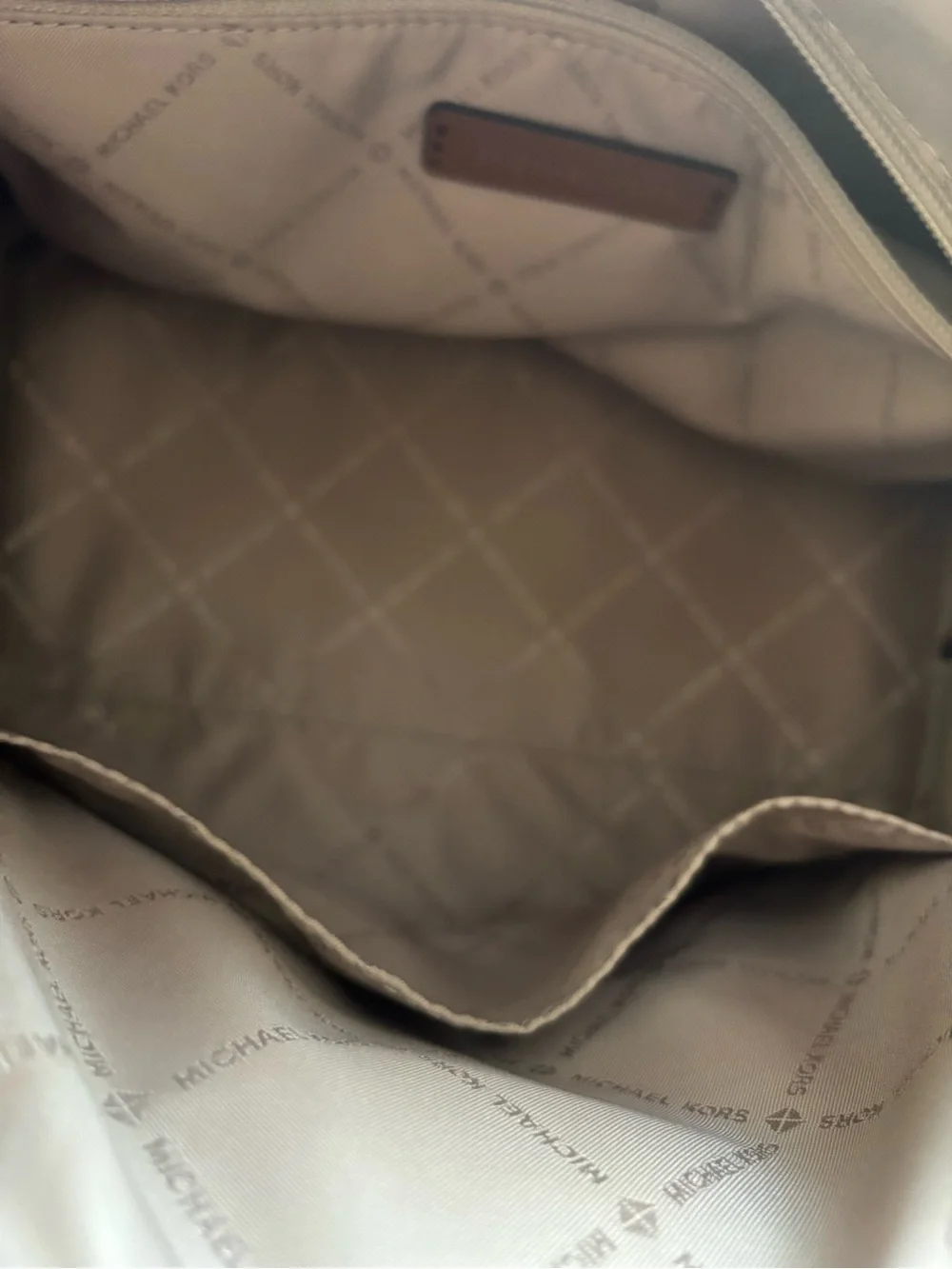 Michael Kors Cream Logo Satchel with Brown Trim and Matching Wallet